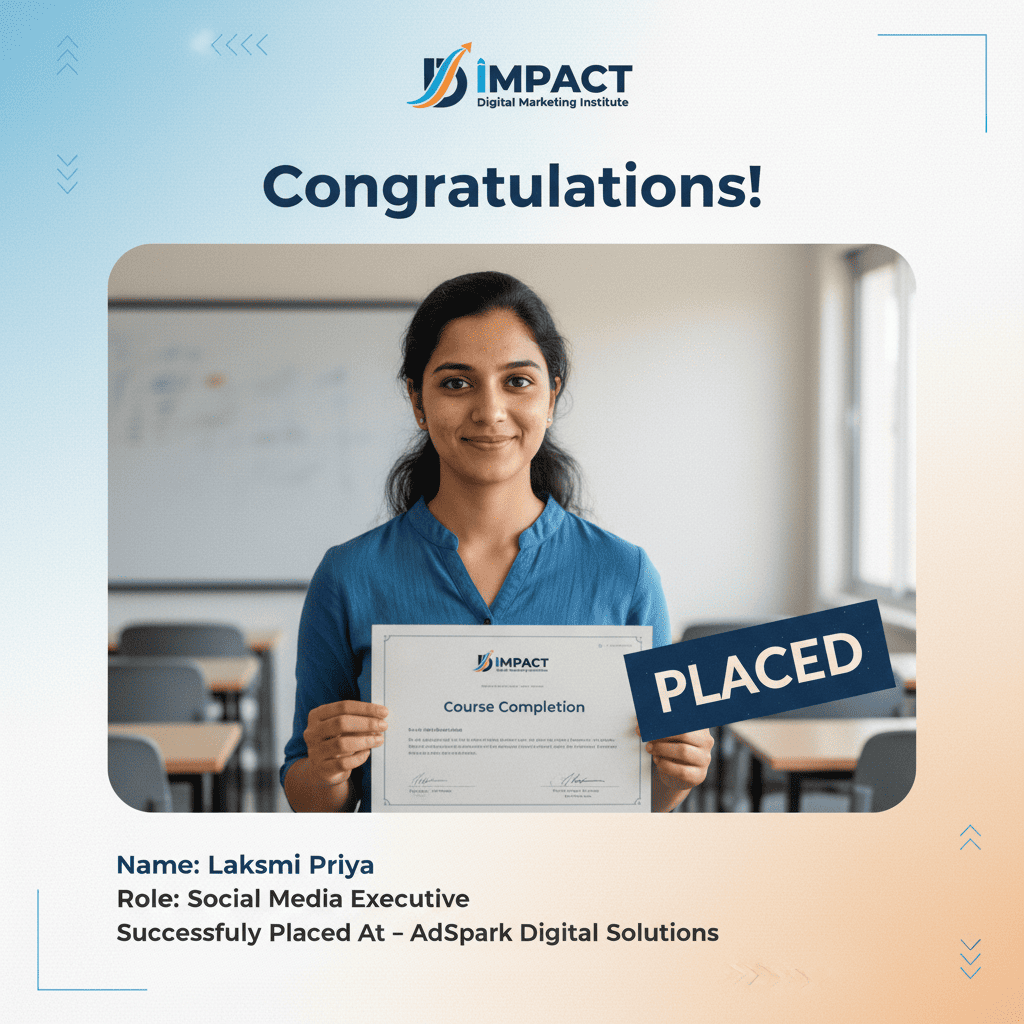 Impact Institute Hyderabad placed student in startup as digital marketer - SEO specialist job placement proof 2026