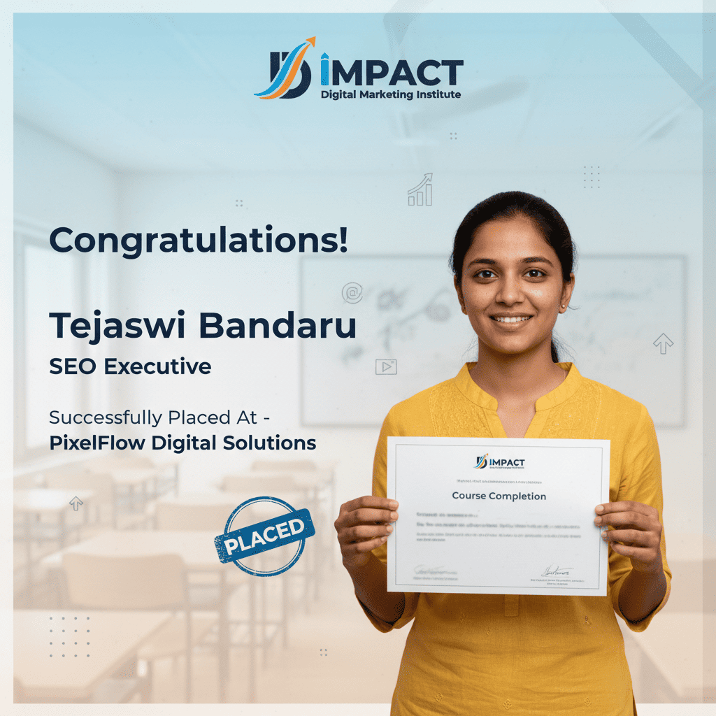 Impact Digital Marketing Institute Hyderabad student placed as Google Ads expert - PPC specialist job in Hyderabad startup