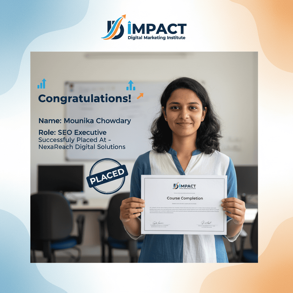 Impact Digital Marketing Institute Hyderabad 100% placement assistance result - student got job in MNC company Hyderabad