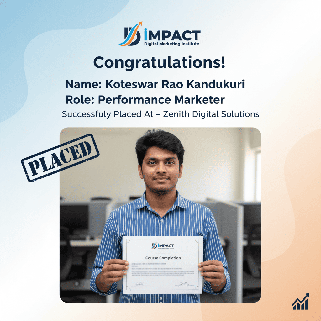 Impact Digital Marketing Institute student placed in digital marketing role - best institute in Hyderabad with job assistance