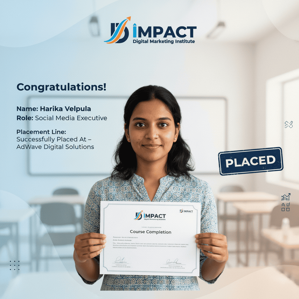 Impact Institute Hyderabad placement image - student hired after completing SEO Google Ads social media marketing course