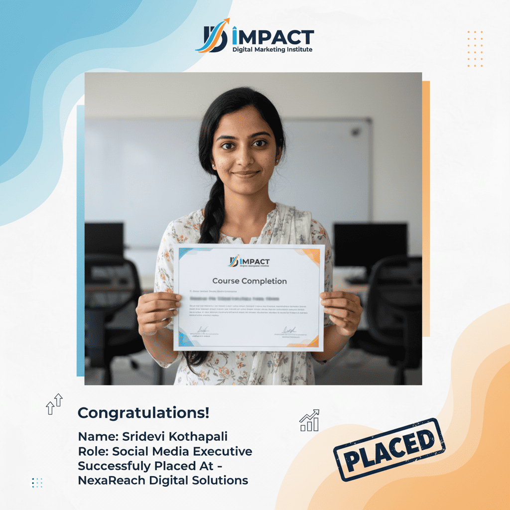 Impact Digital Marketing Institute placement success Hyderabad - student working in digital marketing company after course completion