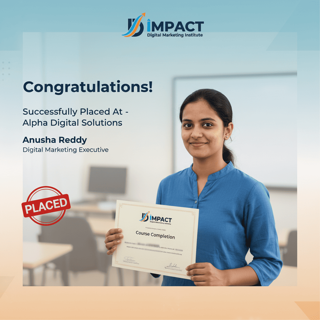 Impact Digital Marketing Institute student placed in digital agency Hyderabad - content marketing and SEO specialist job
