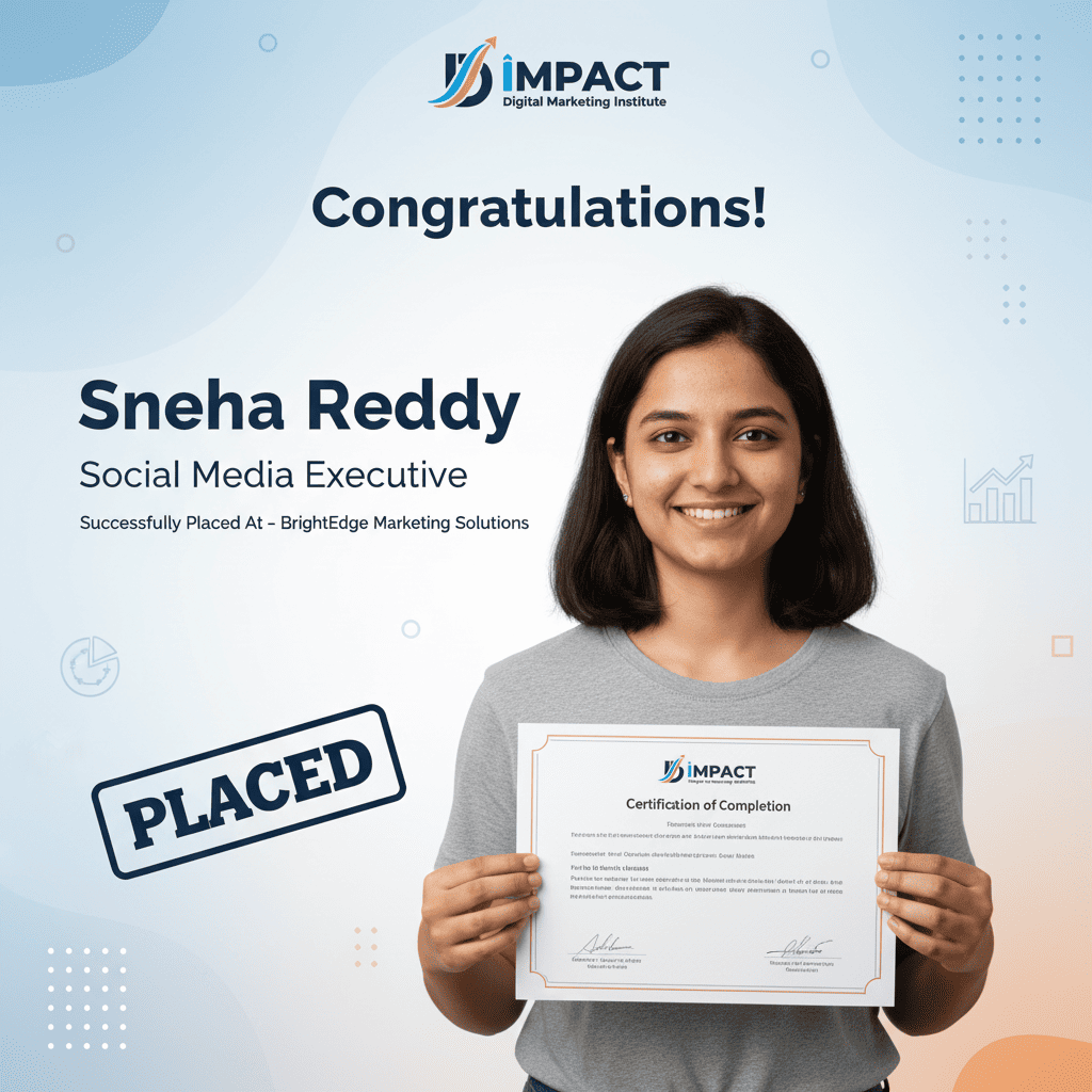 Impact Digital Marketing Institute Hyderabad all student placements overview - placed in digital marketing jobs across Hyderabad and India