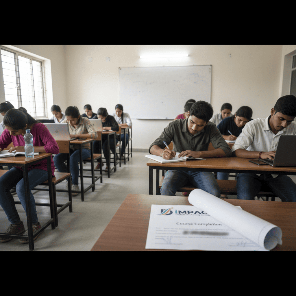 Digital marketing students at Impact Digital Marketing Institute Hyderabad - practical hands-on training session Madhapur