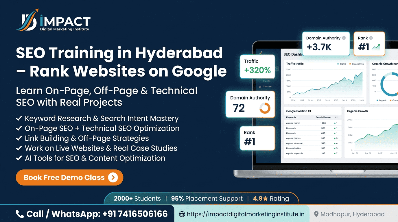 SEO Training in Hyderabad — AI SEO, GEO, AEO and Technical SEO live training at Impact Digital Marketing Institute Madhapur
