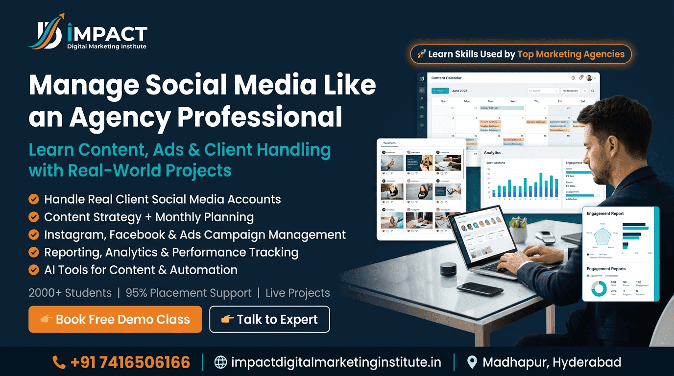 Social media marketing training in Hyderabad — students managing brand Instagram and LinkedIn accounts with real follower growth at Impact Institute