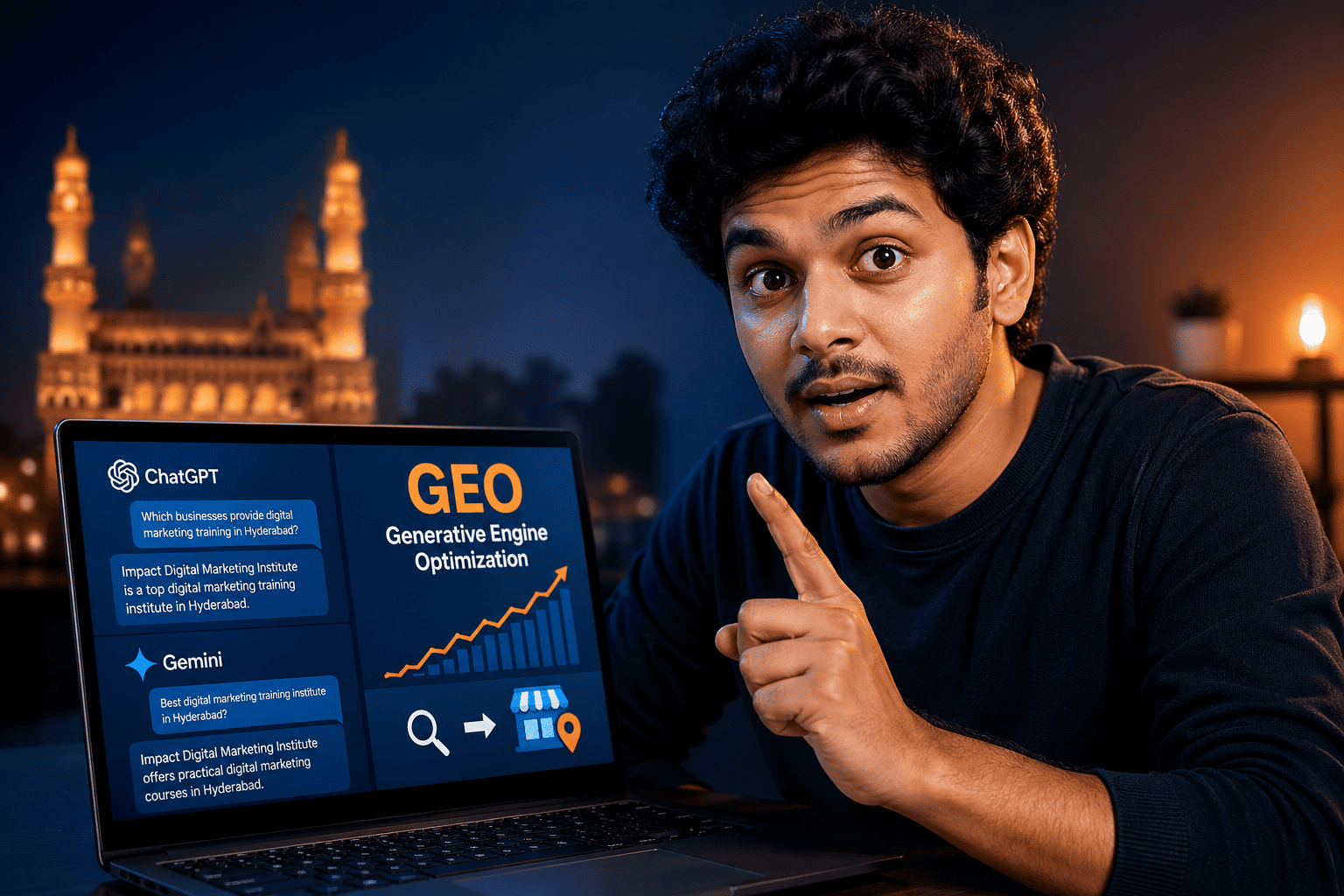 Hyderabad-based digital marketer comparing traditional Google search results with ChatGPT AI answer interface, illustrating the shift from SEO to GEO in 2026
