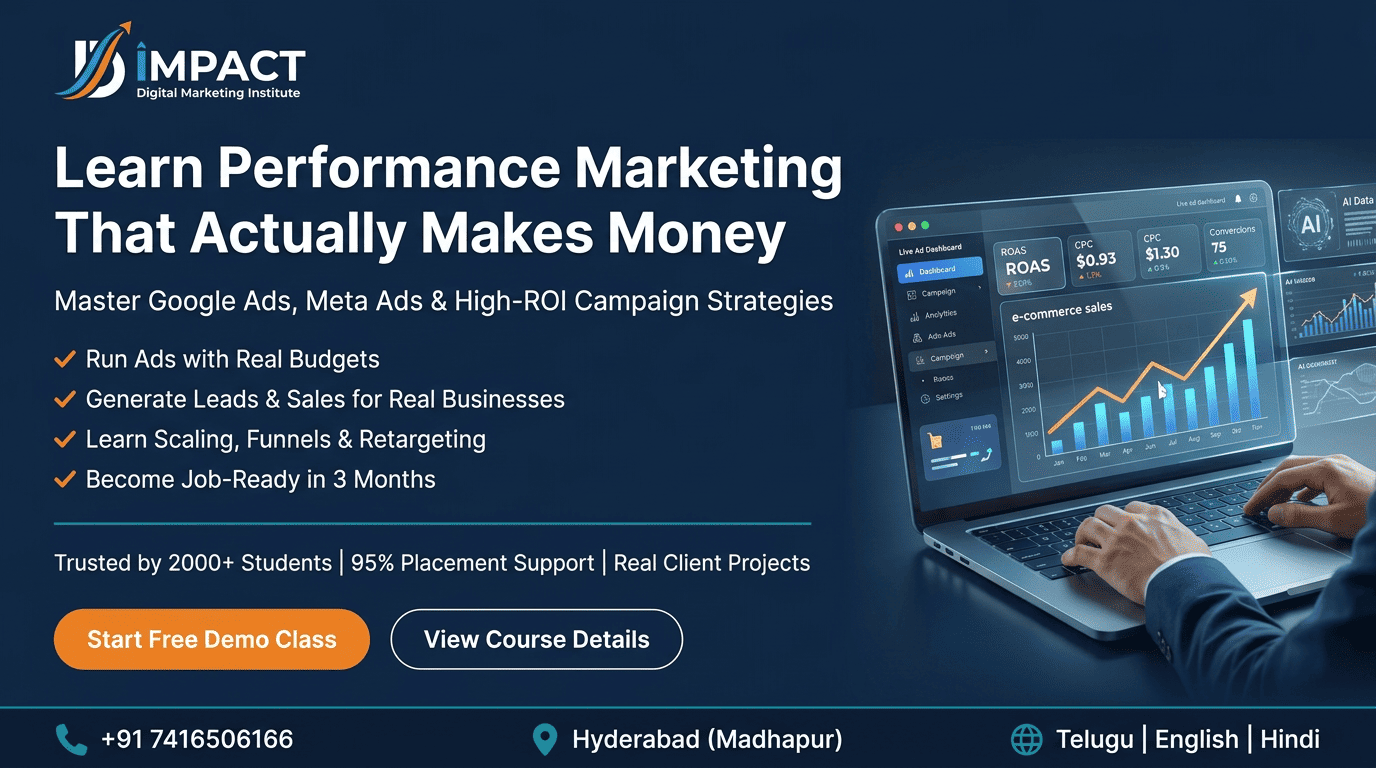 Performance marketing training in Hyderabad — students working on live Google Ads and Meta Ads campaigns at Impact Digital Marketing Institute