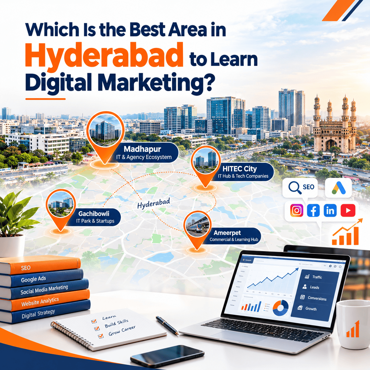 Illustrated map of Hyderabad marking Madhapur, HITEC City, Gachibowli and Ameerpet as areas to learn digital marketing, with SEO, Google Ads and social media icons and a laptop showing traffic and leads growth