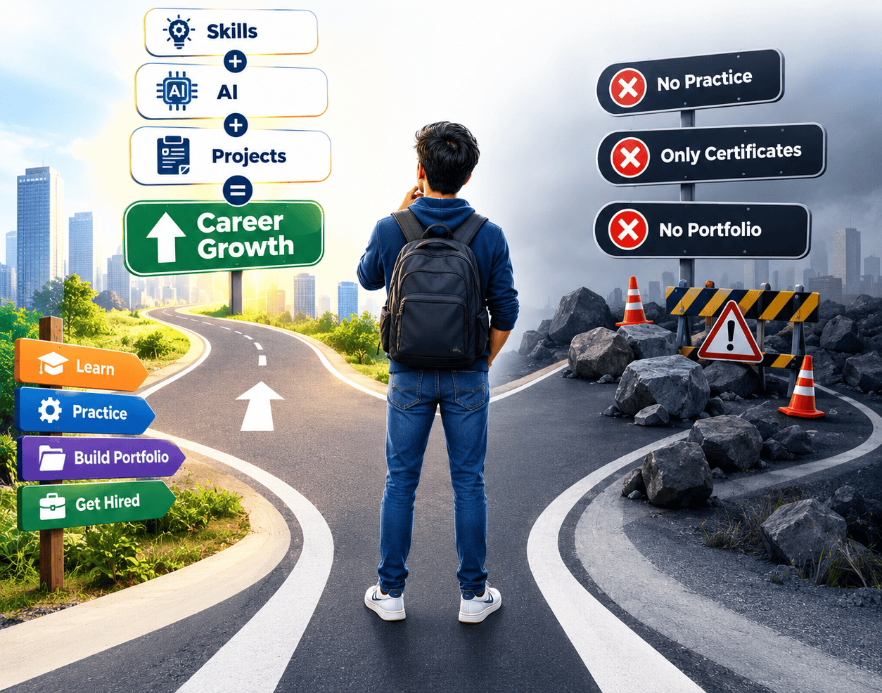 Career roadmap graphic contrasting steady growth with common roadblocks that slow digital marketing beginners