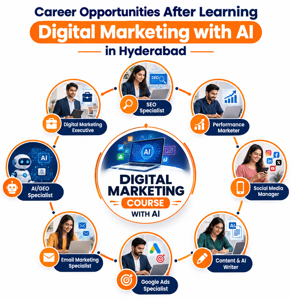 Graphic showing career opportunities that open up after learning digital marketing with AI, including SEO, performance marketing and content roles