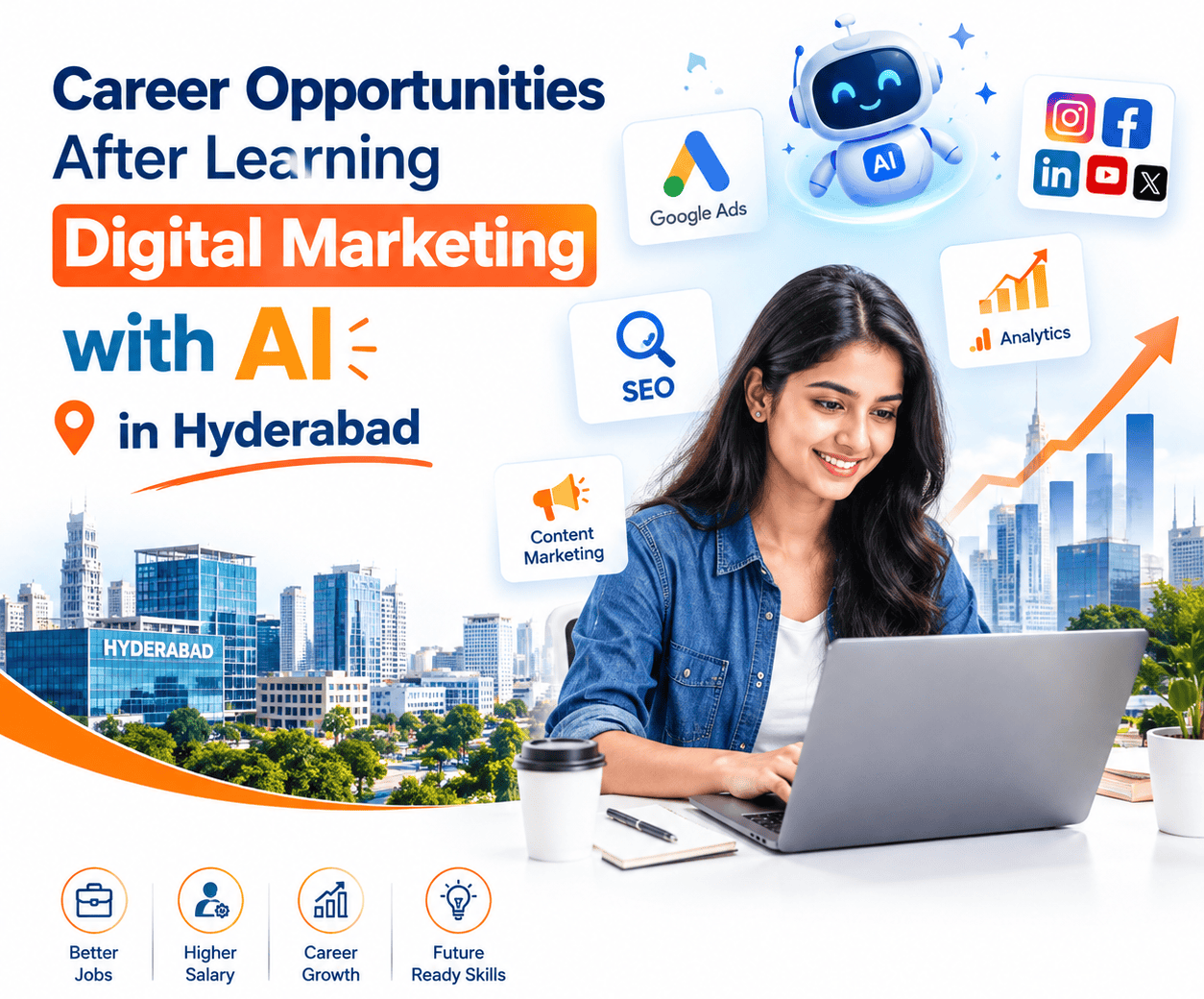 Illustration of digital marketing career paths for learners in Hyderabad, showing roles such as SEO, paid ads and social media