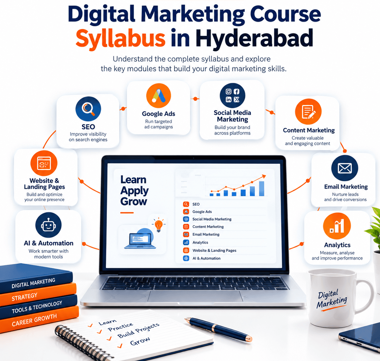 Infographic titled Digital Marketing Course Syllabus in Hyderabad with a laptop at the centre and module cards around it for SEO, Google Ads, social media marketing, content marketing, email marketing, website and landing pages, AI and automation, and analytics
