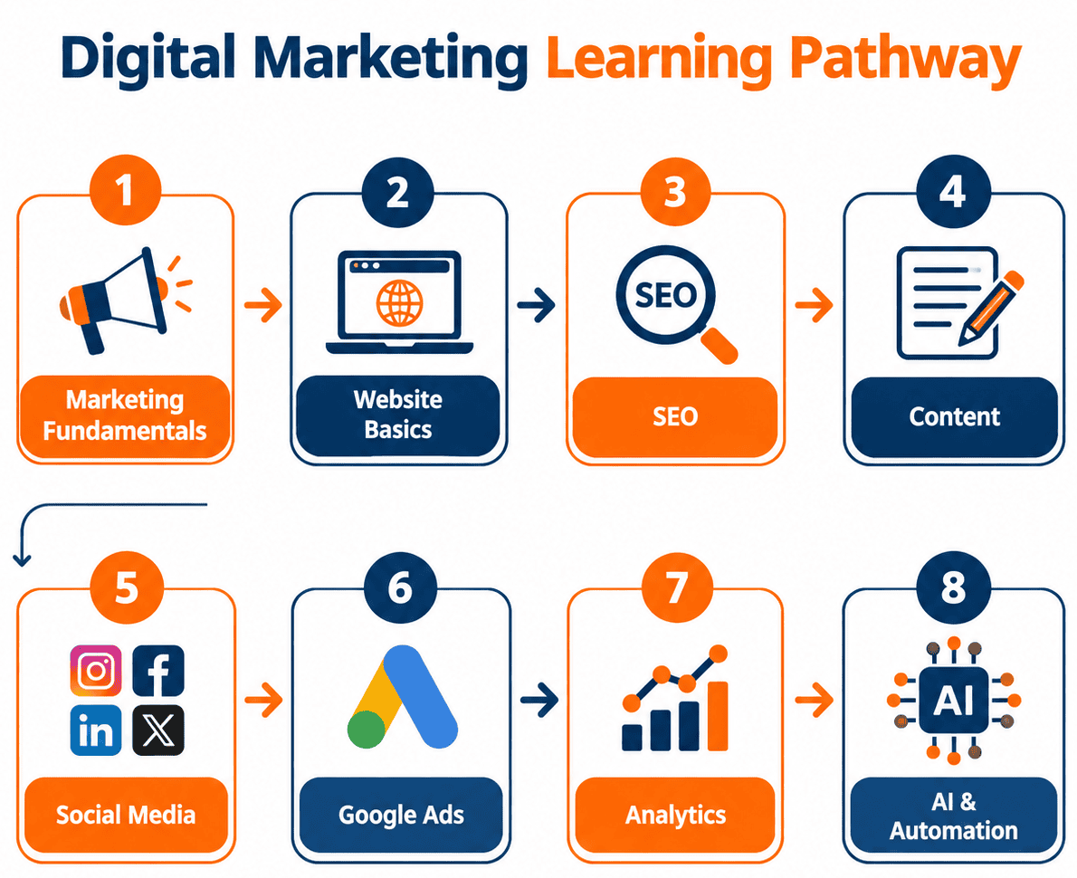 Digital marketing learning pathway in eight numbered steps: marketing fundamentals, website basics, SEO, content, social media, Google Ads, analytics, and AI and automation
