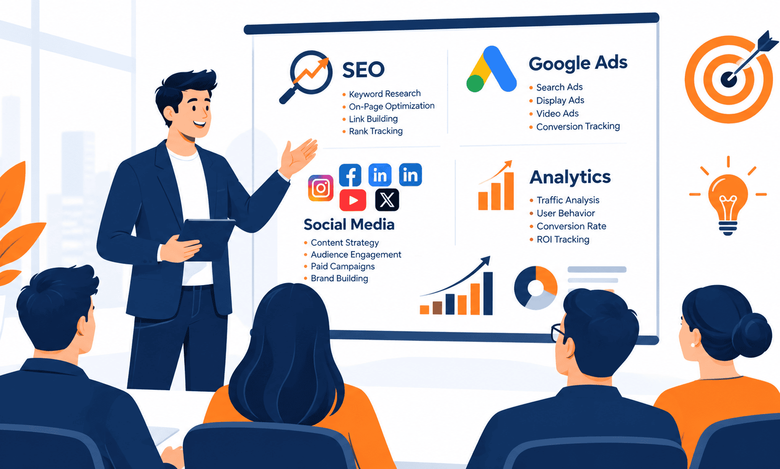 Digital marketing strategy presentation showing the goal, actions and results of a project