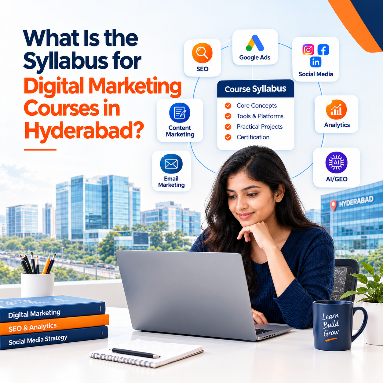 Graphic titled What Is the Syllabus for Digital Marketing Courses in Hyderabad, showing a student studying on a laptop beside a course syllabus card surrounded by icons for SEO, Google Ads, social media, analytics, AI and GEO, email marketing and content marketing
