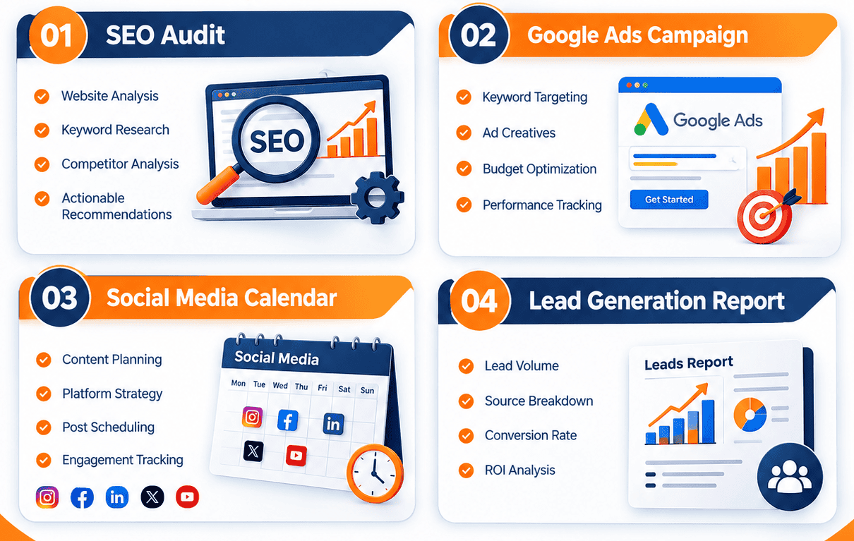 Four digital marketing project types to discuss in an interview: ads, SEO, social media and email