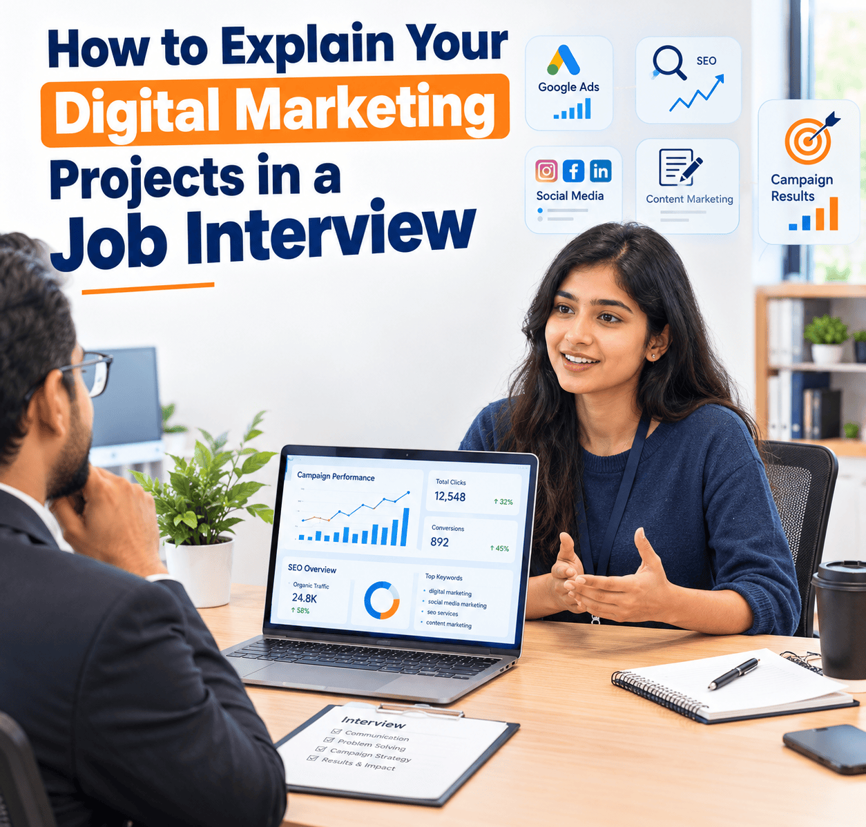 Job candidate presenting digital marketing project results to an interview panel