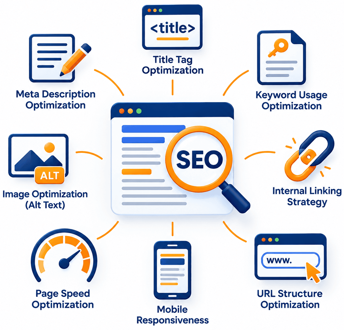 On-page SEO infographic guide covering title tags, meta descriptions, headings, images, URLs and internal links on a web page