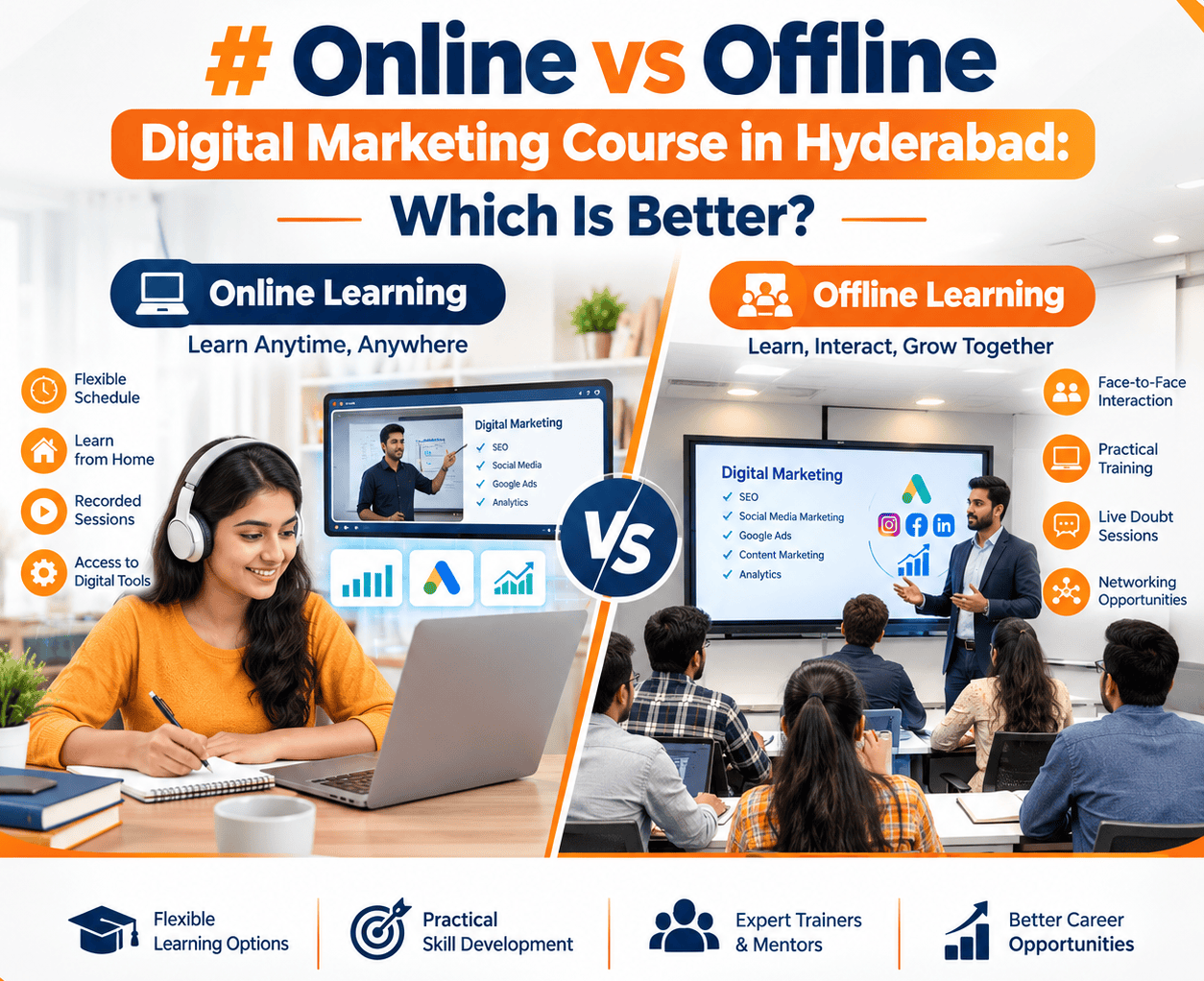 Featured illustration comparing an online digital marketing course taken on a laptop with an offline classroom course at a Hyderabad institute