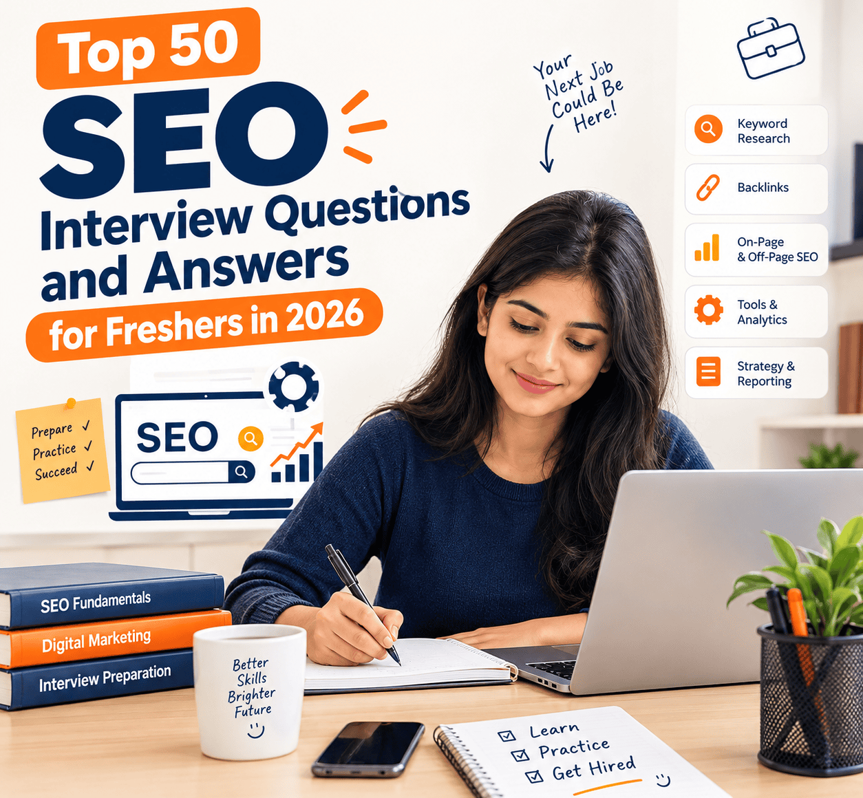 SEO interview success guide infographic showing the six question groups freshers should prepare: basics, on-page, technical, off-page, tools and AI search