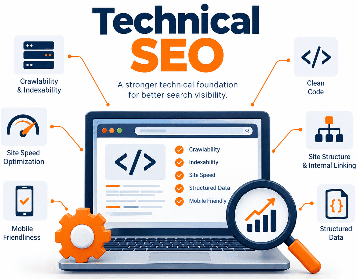 Technical SEO infographic dashboard showing robots.txt, XML sitemap, canonical tags, redirects, Core Web Vitals and schema markup