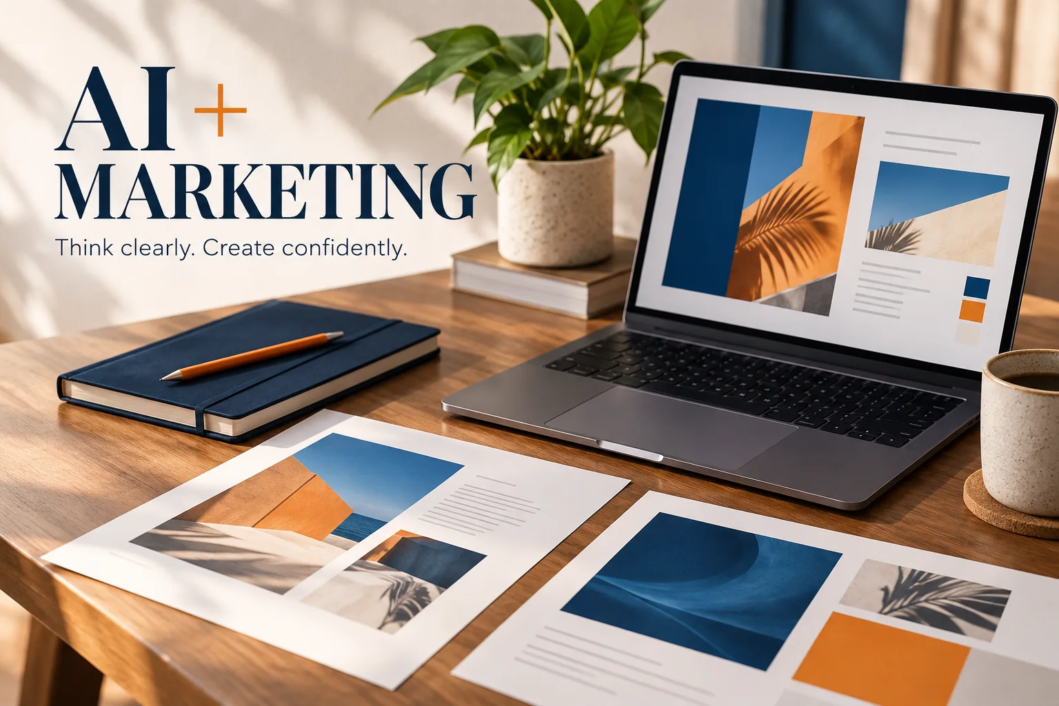 Illustration of an AI marketing workspace with campaign planning materials