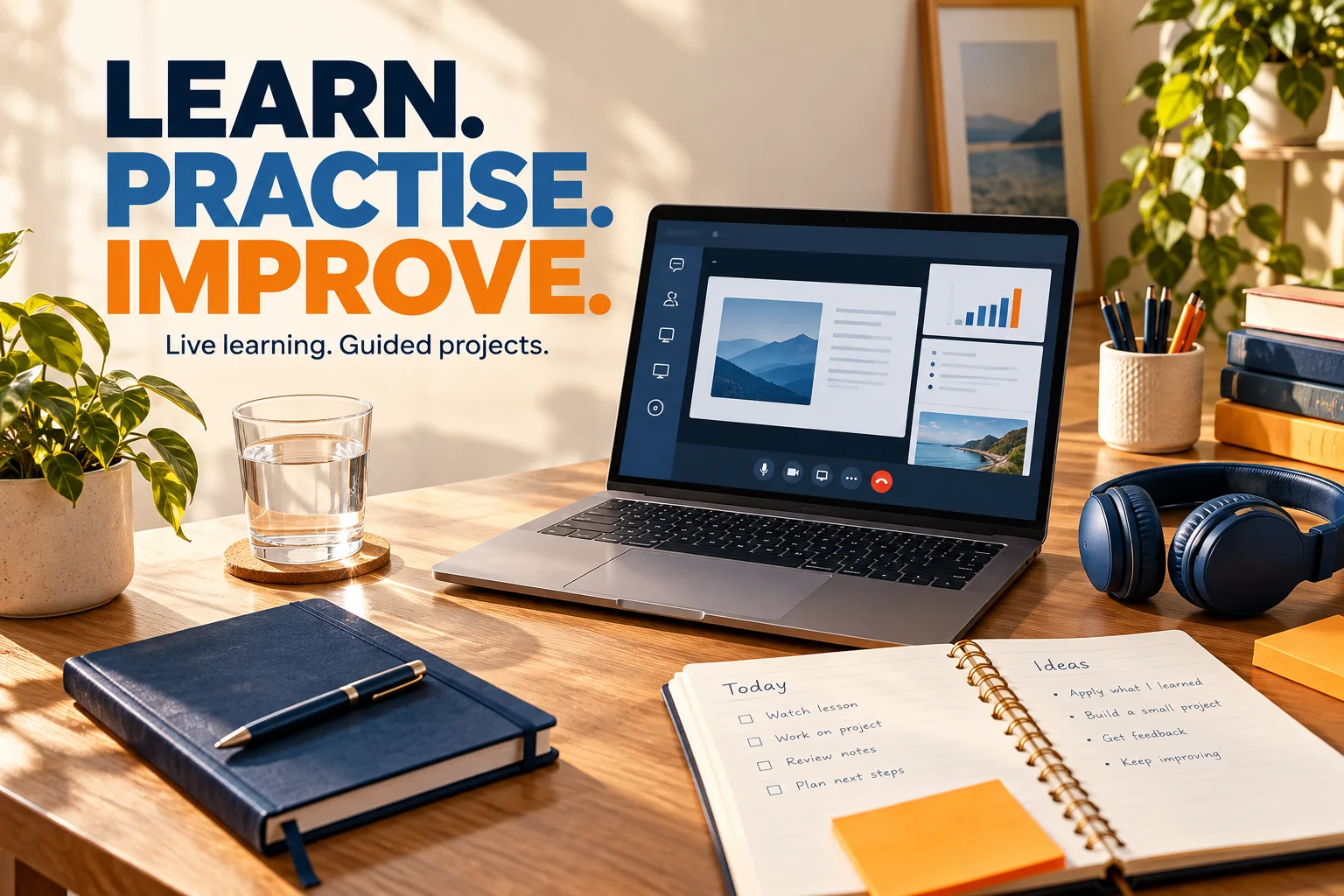 Impact Digital Marketing Institute live online learning visual with a study workspace