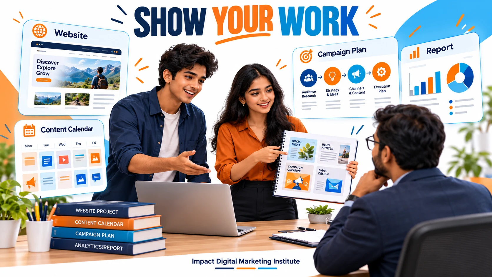 Freshers presenting website, content calendar, campaign plan and analytics portfolio samples to a hiring manager
