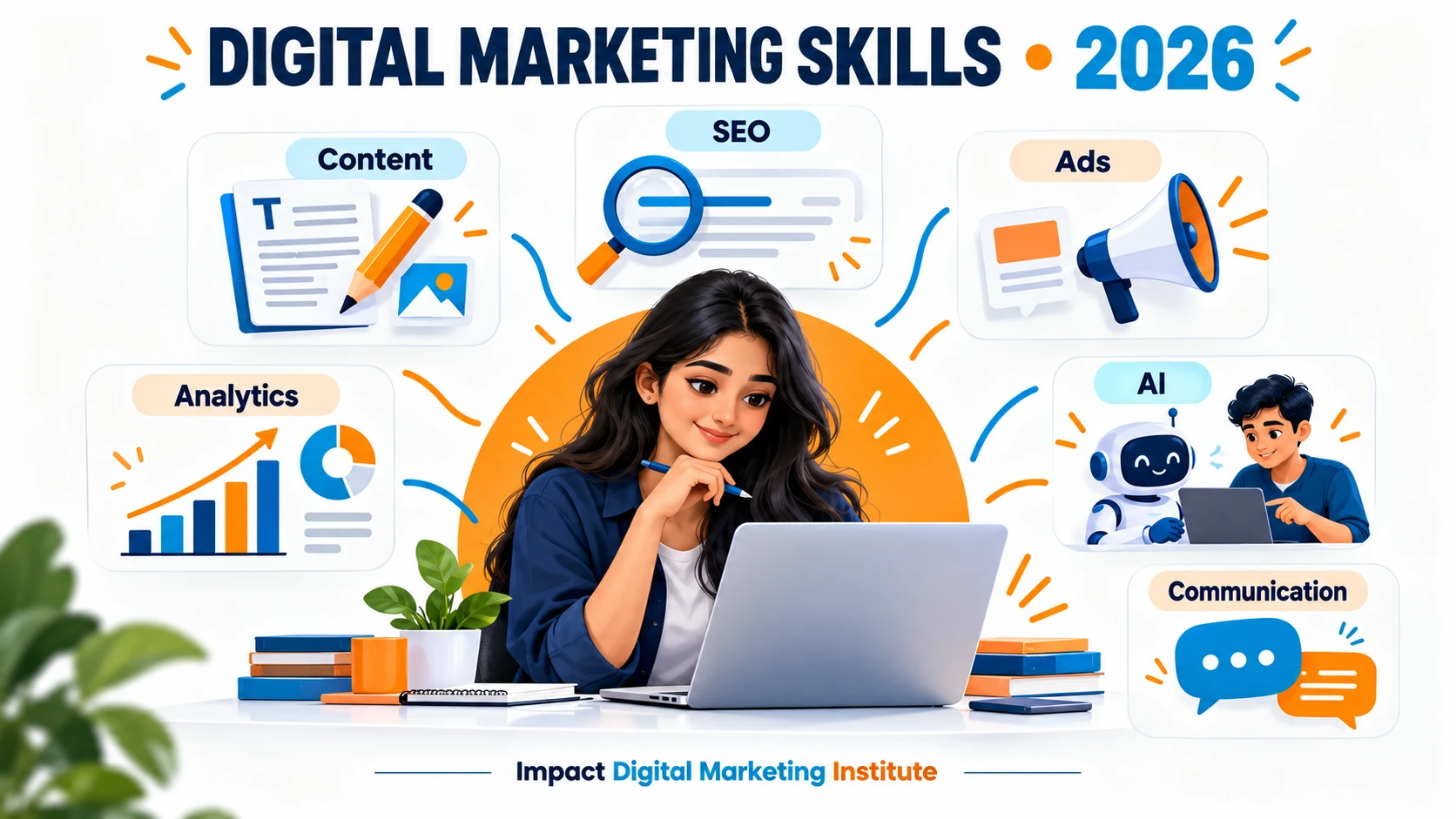 Digital marketing fresher skill illustration covering content, SEO, ads, analytics, AI and communication
