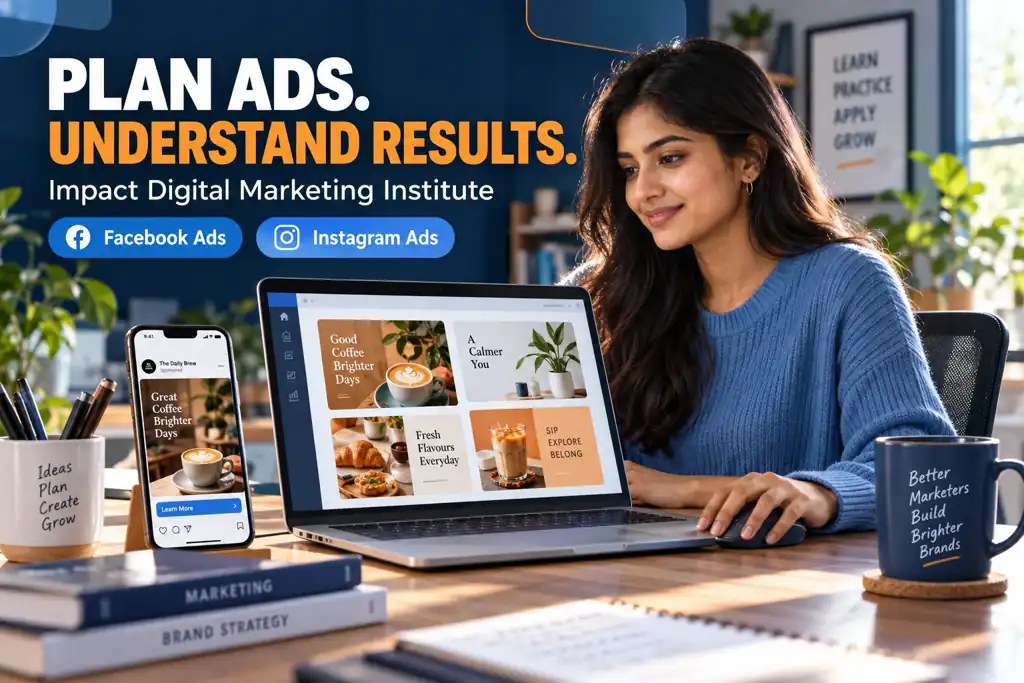 Designed Meta Ads training visual showing a learner planning Facebook and Instagram creatives at a laptop