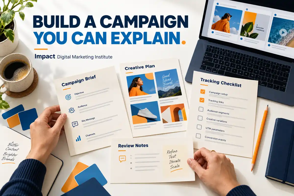 Designed Meta Ads practical-learning visual with campaign brief, creative plan, tracking checklist and review notes