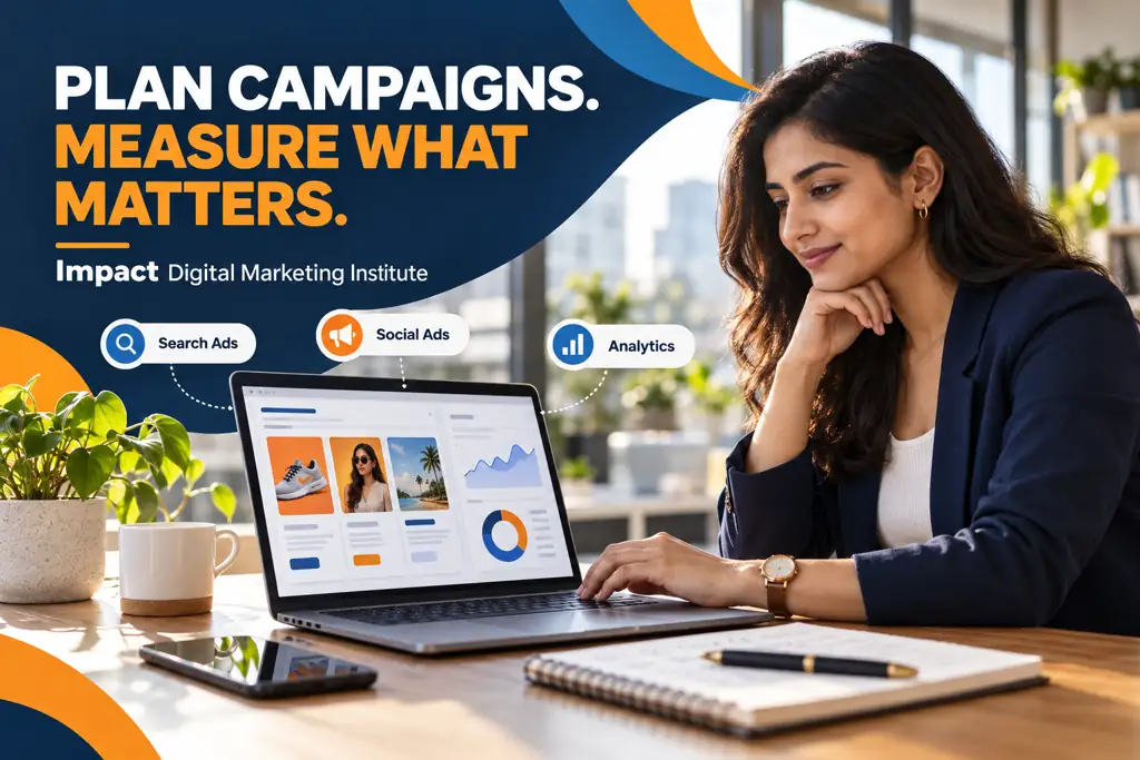 Designed Performance Marketing course visual showing a learner reviewing search Ads, social Ads and analytics