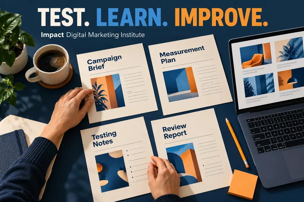 Designed Performance Marketing practical-work visual showing a campaign brief, measurement plan, testing notes and review report