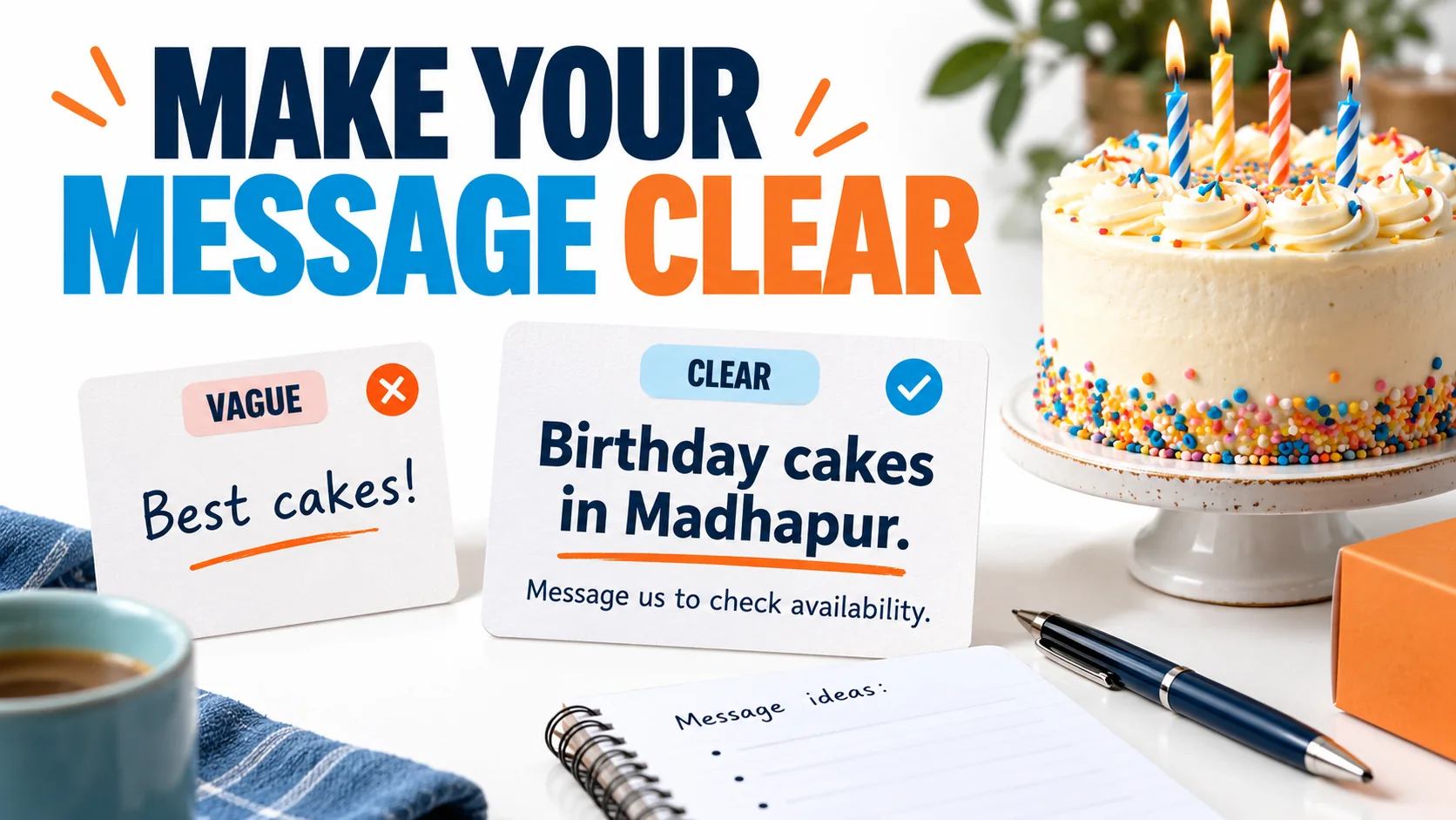 A vague bakery message compared with a clear offer and next step — Impact Digital Marketing Institute.