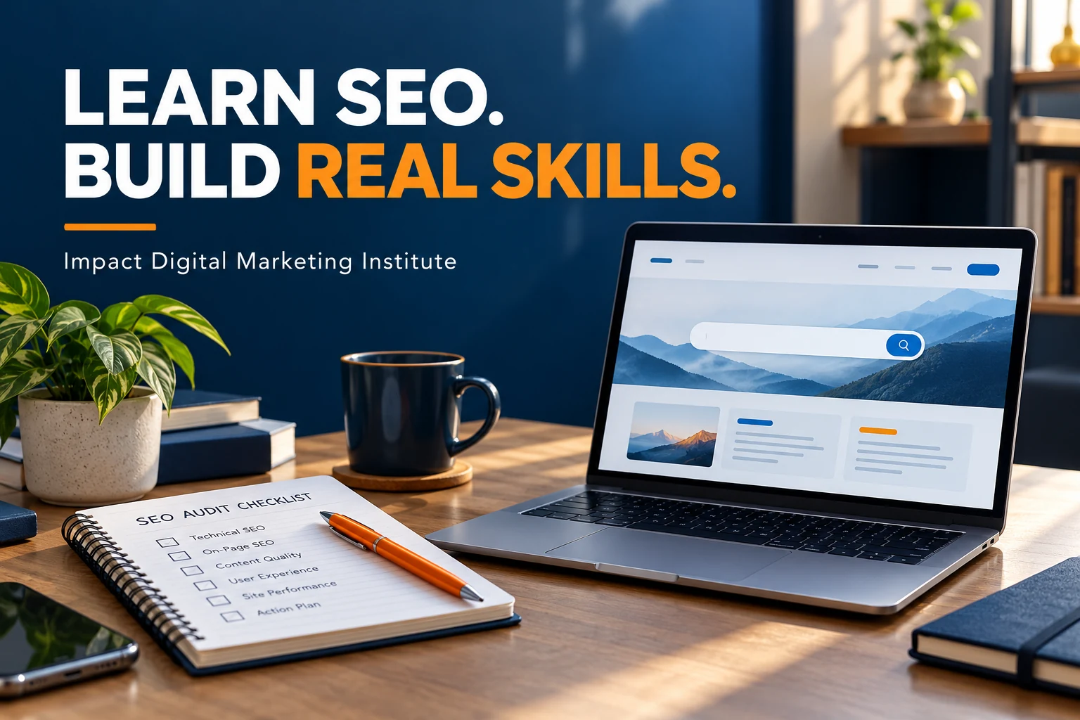 Impact Digital Marketing Institute SEO training visual with a laptop and website audit checklist