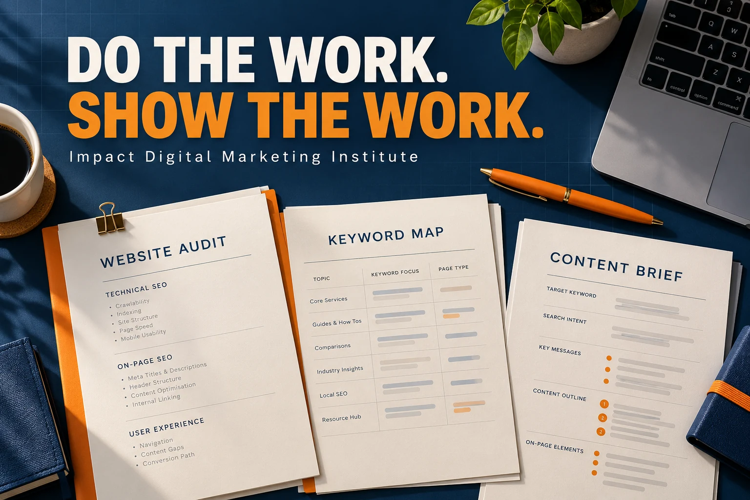 Impact Digital Marketing Institute SEO project visual showing a website audit, keyword map and content brief