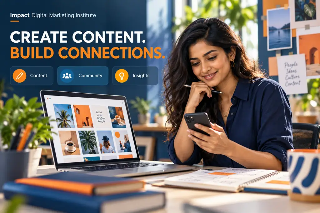 Designed social media training visual showing a learner planning content with a laptop and phone