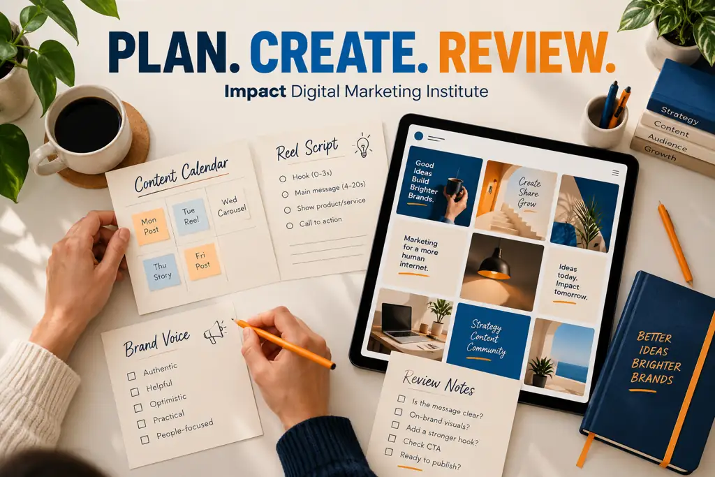 Designed social media practical-work visual showing a content calendar, Reel script, brand voice guide and review notes