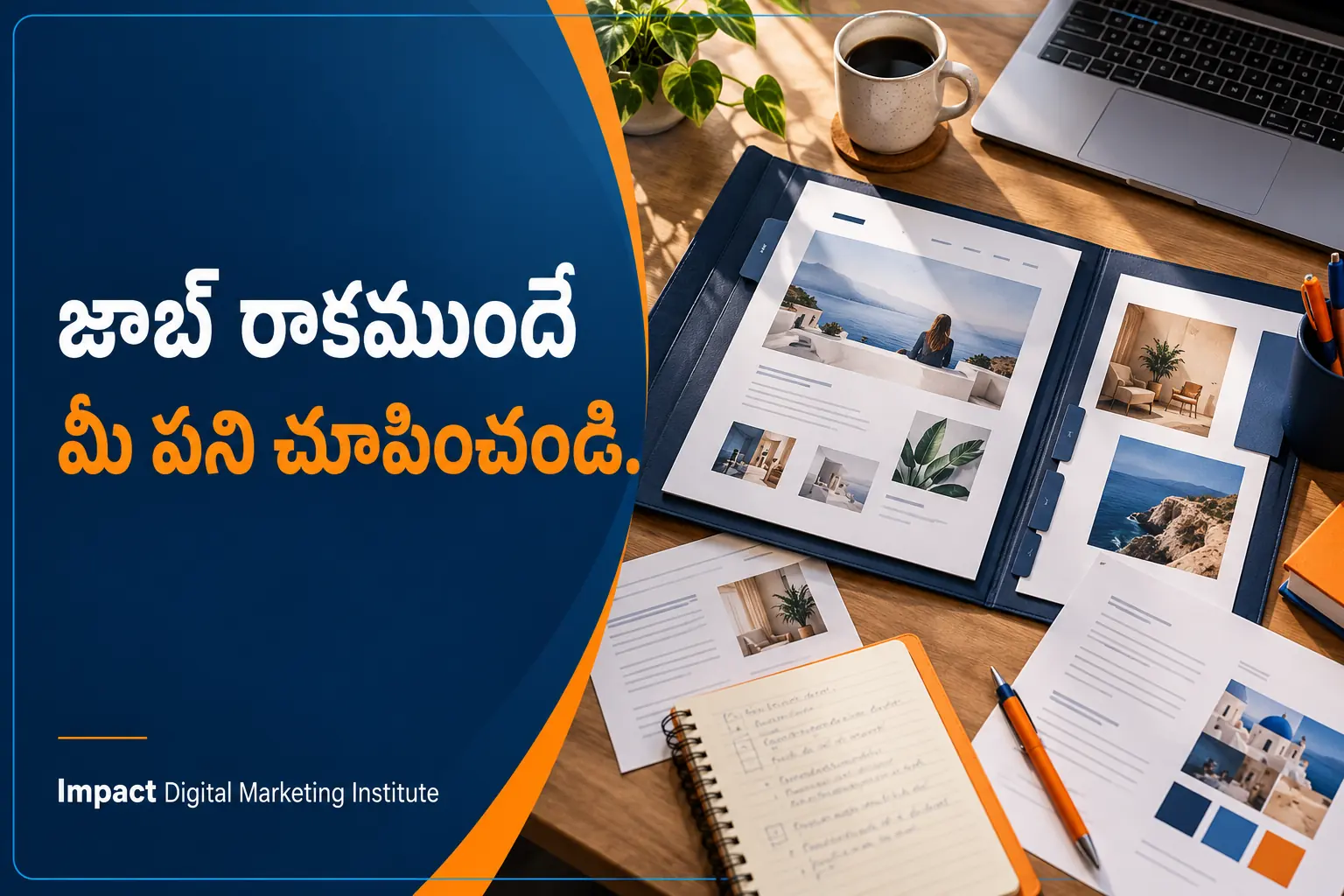 Impact Digital Marketing Institute — website పేజీలు, కంటెంట్ డ్రాఫ్ట్లతో విద్యార్థి portfolio తెలుగు డిజైన్ చిత్రం