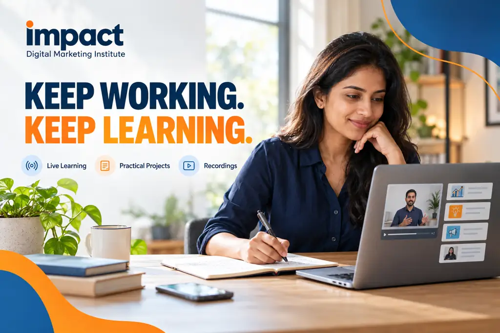 Designed working-professionals digital marketing visual showing a learner attending a live lesson from a home workspace