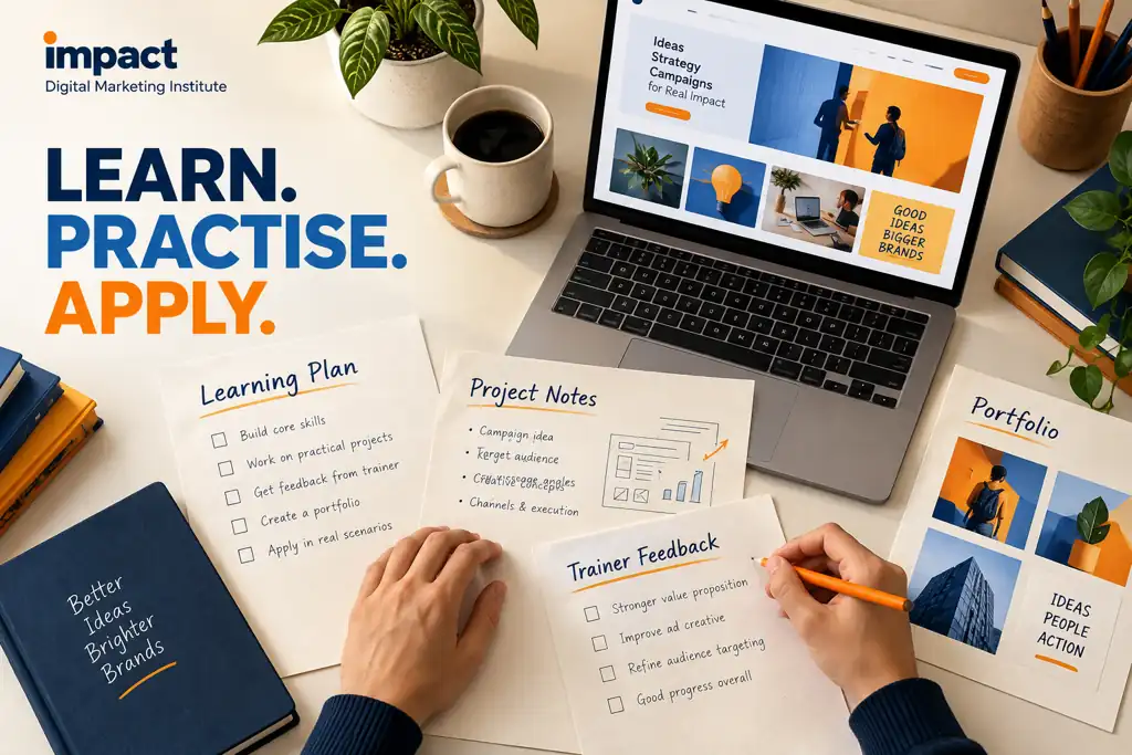 Designed practical-learning visual with a learning plan, project notes, trainer feedback and portfolio