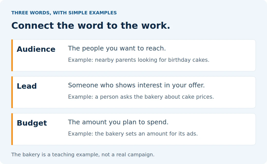 Impact Digital Marketing Institute explains audience, lead and budget using a hypothetical bakery example.